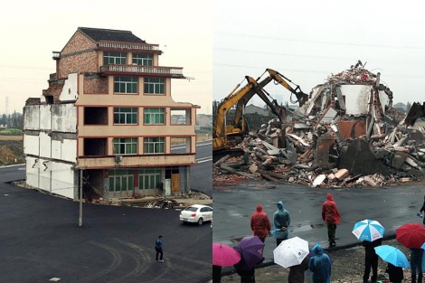 La 'casa clavo' china, antes y después. | Afp