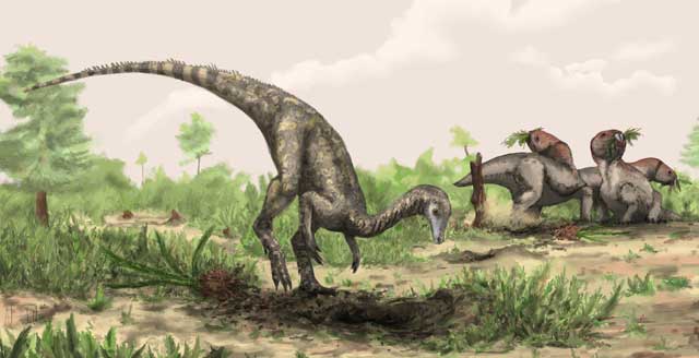 Recreacin de 'Nyasasaurus parringtoni'. A la derecha, reptiles del gnero 'Stenaulorhynchus'.| MHN / Mark Witton