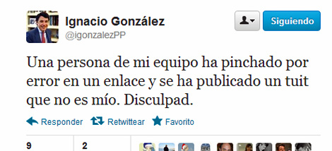 'Tuit' en el que Ignacio Gonzlez pide disculpas.