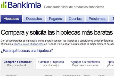 Portada de Bankimia, portal 'on line' que compara productos financieros.