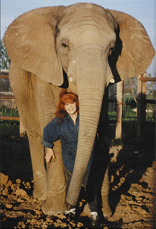 Pat Derby, con un elefante.