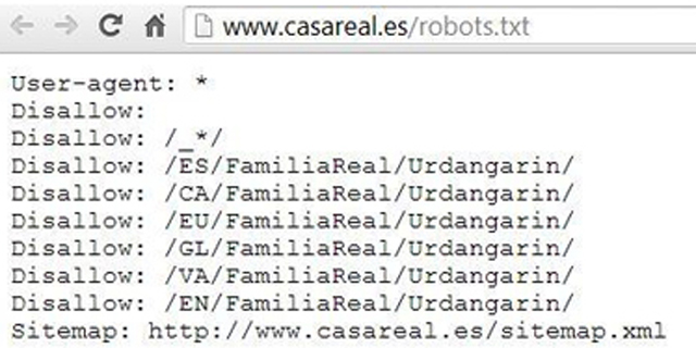 Captura del fichero robots.txt de casareal.es