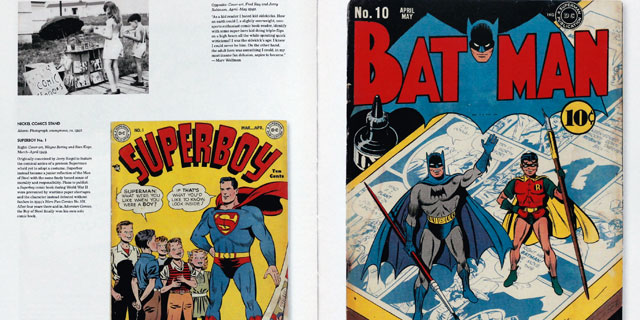 Doble pgina del libro 'The Golden Age of DC Comics', con ilustraciones de Superman y Batman. VEA MS IMGENES