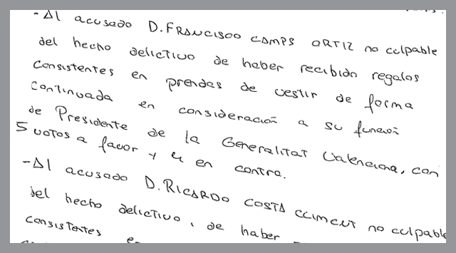 Fragmento del veredicto manuscrito del Jurado Popular que absuelve a Camps y Costa.