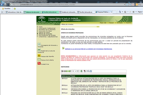 Pgina web de EPSA con un enlace (en azul) a la 'Oferta de vivienda protegida'.