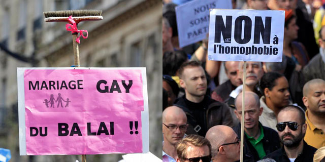 Dos carteles en los que se lee: 'Matrimonio gay, fuera de aquí!!' y 'No a la homofobia'. | Reuters
