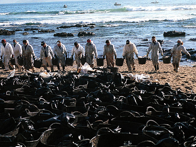 Voluntarios recogiendo chapapote en la isla de Ons en diciembre de 2002. | Vicent Bosch