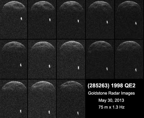 Imgenes de radar del asteroide. El punto blanco es el satlite.| NASA/JPL-Caltech/GSSR
