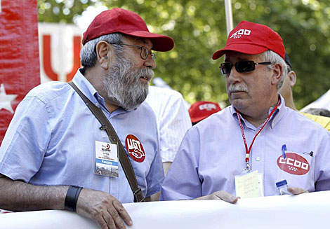Cndido Mndez (i) e Ignacio Fernndez Toxo (d) en la manifestacin en Madrid