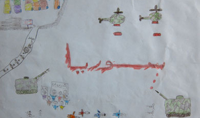 Dibujo de Bassam (11 aos): muertos, tanques y la palabra Siria sangrando.