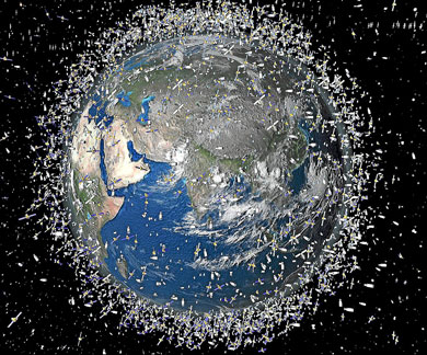 Recreacin artstica de la basura espacial. | ESA
