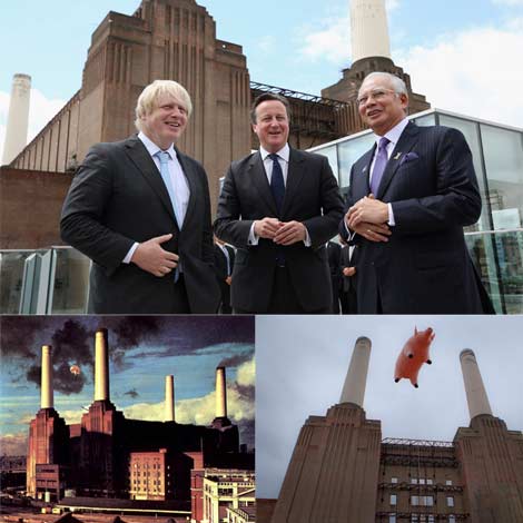Arriba, el alcalde de londres, Boris Johnson, y David Cameron junto al primer ministro malayo Najib Razak. Abajo, el cerdo sobre Battersea en la portada del disco 'Animals' de Pink Floyd y el intento de recreacin real realizado hace dos aos. | Reuters/ EM