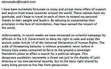 Extracto de la carta de Snowden enviada a HRW.