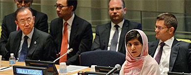La estudiante paquistan Malala Yousafzai habla en las Naciones Unidas.| Afp