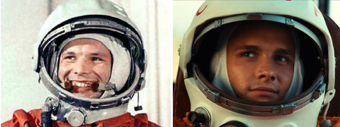 A la izquierda, Yuri Gagarin. A la derecha, el actor que le da vida, Yaroshlav Zhalnin.