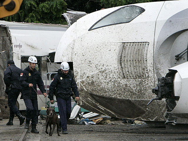 Agentes de la Polica Cientfica ayudados de perros rastrean los vagones. | Foto: Efe / Xoan Rey.