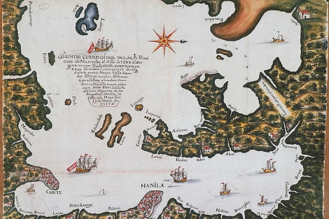 Manila y su bahía con la ensenada de Subig y las poblaciones de Cavite y Manila en 1715.