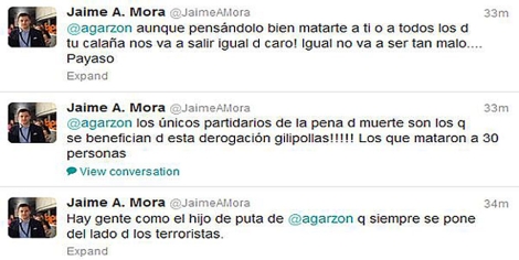 Los 'tuits' del miembro de Nuevas Generaciones Jaime A. Mora contra Alberto Garzn.