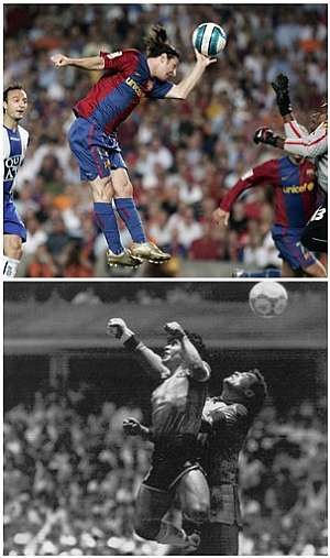 Messi, ante el Espanyol (arriba), Maradona, con su gol ante Inglaterra. (Foto: AP)