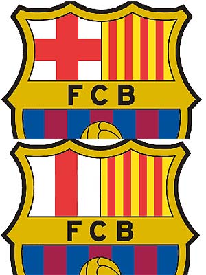 El escudo del Barça, original (arriba) y retocado. (elmundo.es)