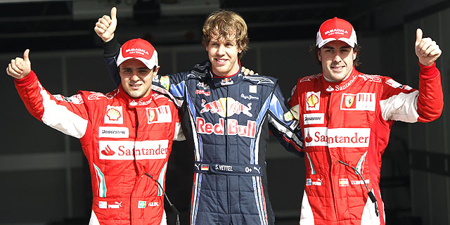 De izda a dcha: Massa (izda), Vettel (centro) y Alonso. | Ap