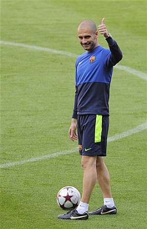 Pep Guardiola, durante el entrenamiento previo a las semifinales de la Champios. | Ap