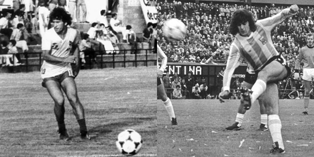 Zico, durante un entrenamiento, y Kempes, en pleno partido, cerca del baln Tango. | Archivo Marca