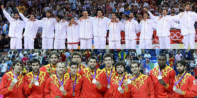 Contraste de los jugadores espaoles entre el podio de Pekn (arriba) y el de Londres (abajo). | Foto: Efe