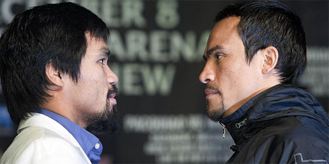 Manny Pacquiao y Juan Manuel Mrquez, en la rueda de prensa previa al combate, en Las Vegas. (AFP)