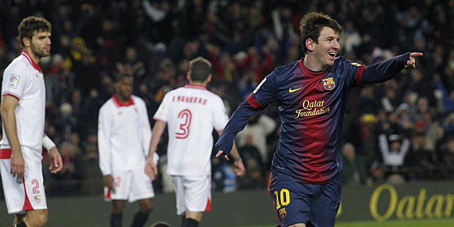 Messi celebra el tanto de la victoria ante el Sevilla. (EFE)