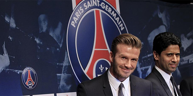 Al-Khelaifi, a la derecha, durante la presentacin de Beckham. | Reuters
