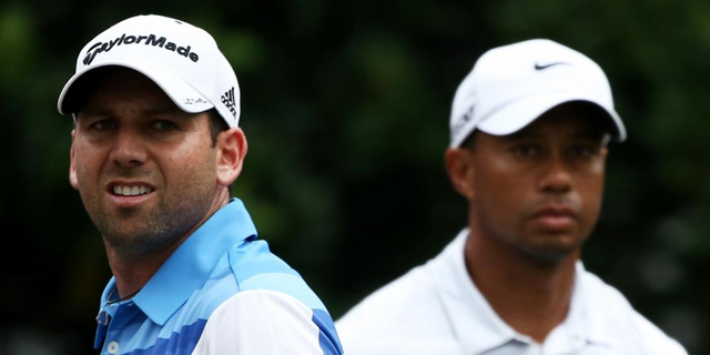 Sergio García y Tiger Woods durante la disputa del torneo 'The Players Championship'. | AFP