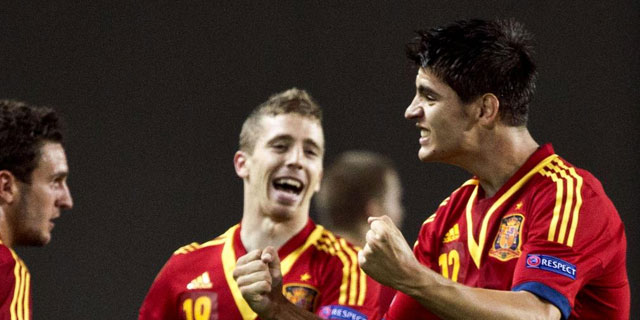 Morata celebra uno de los goles anotados en el Europeo Sub'21. | AFP