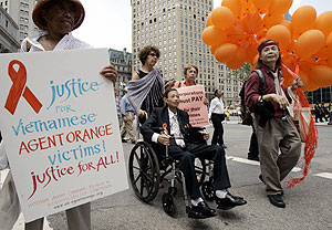 Nguyen Van Quy, en silla de ruedas, fuera de la corte de apelacin (Foto: AFP | Stan Honda)