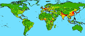Riesgo (rojo, el mayor) de infecciones procedentes de animales salvajes. (Foto: Jones et. al., 'Nature')