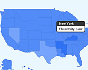 Un mapa de EEUU con la actividad gripal por estados.