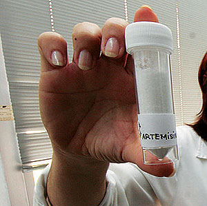 Una profesional sanitaria muestra uno de los antimaláricos que se utilizan. (Foto: Santi García)