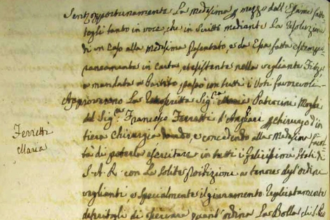 Detalle de la inscripcin de Ferretti en el Colegio Mdico Florentino. | U. de Florencia