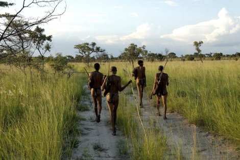 Un grupo de bosquimanos camina por un sendero en Namibia. | Stephan C. Schuster