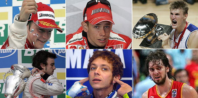 Arriba: Raikkonen, Stoner, Kirilenko. Abajo: Alonso, Rossi y Gasol.