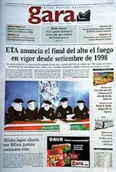 Portada del diario 'Gara', que publica el comunicado de ETA anunciando el final de la tregua. (Foto: EFE)