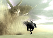 El protagonista del juego luchando con uno de los colosos