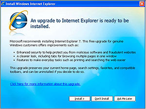 A travs de este cuadro de texto, Microsoft preguntar si se desea instalar IE7. (Foto: Microsoft)