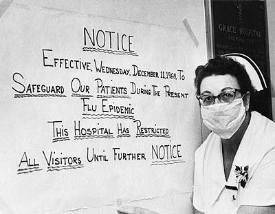 Prohibiciones. La gripe de Hong Kong, trada por los soldados que volvan de Vietnam, provoc que las autoridades sanitarias americanas impusieran restricciones hasta en las visitas a hospitales, como se lee en este cartel de 1968