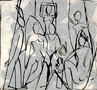 Bocetos. En la composicin final, Picasso elimin las figuras masculinas que haba incluido.