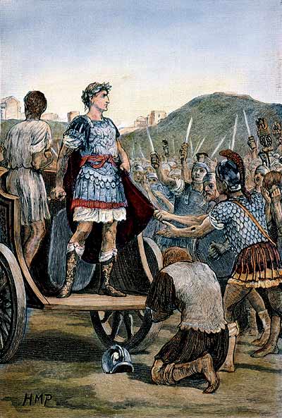 Sublevación. El político romano Julio César (100 a.C.-44 a.C.) recupera la lealtad de los soldados en Roma en el año 47 a.C.